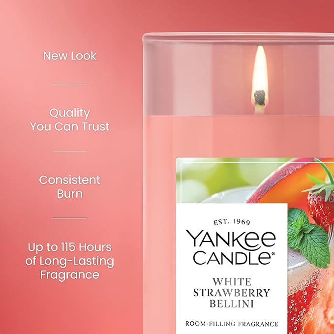 Yankee Candle Medium Pillar Scented Candle with up to 115 Hour Burn Time, Premium Plant Wax Blend for Consistent Burn, 14.25 oz Pillar Candle with Room Filling Fragrance, White Strawberry Bellini