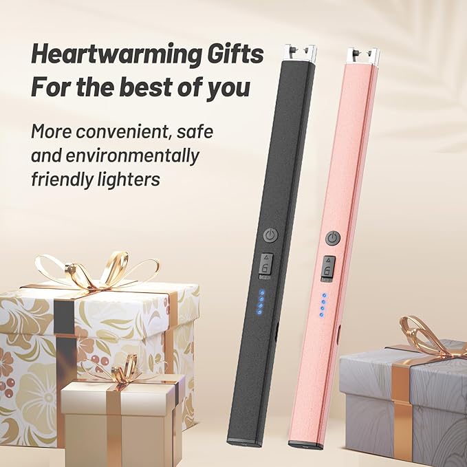 Candle Lighter, Windproof Electric Lighter with Safety Lock, USB Type-C, Rechargeable, Led Display, Lighters for Candle, BBQ, Camping, Festivals (Rose Gold)