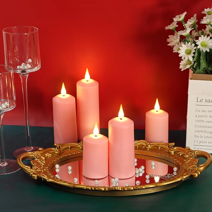 yunsheng Rechargeable Flameless Candles with Remote Timer, in/Outdoor Waterproof LED Flickering Pillar Candles Set of 6 (D2 x H4/5.5/6.5"), Battery Operated Pink Plastic Roman Column Candles