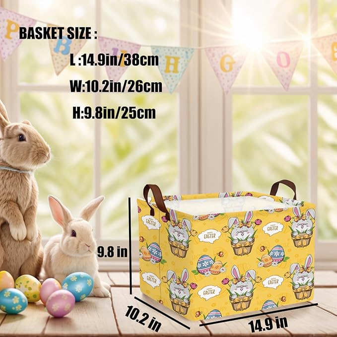 Large Cute Easter Basket for Kid Empty Gift Baby Rectangle Storage Bin Bunny Eggs Boy＆Girl Room Décor (Tulip Rabbit Yellow)