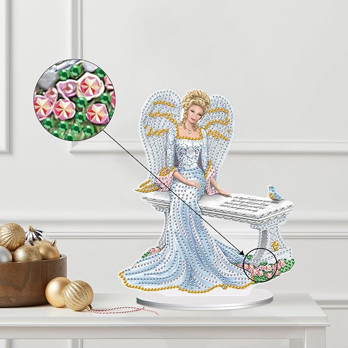 antor DIY Diamond Art Painting Desktop Ornament Kit, Acrylic Tabletop Diamond Art Decoration, Special Shape Crystal Diamond Painting Ornaments for Adult Beginner, Angel Figurine Sitting on Bench
