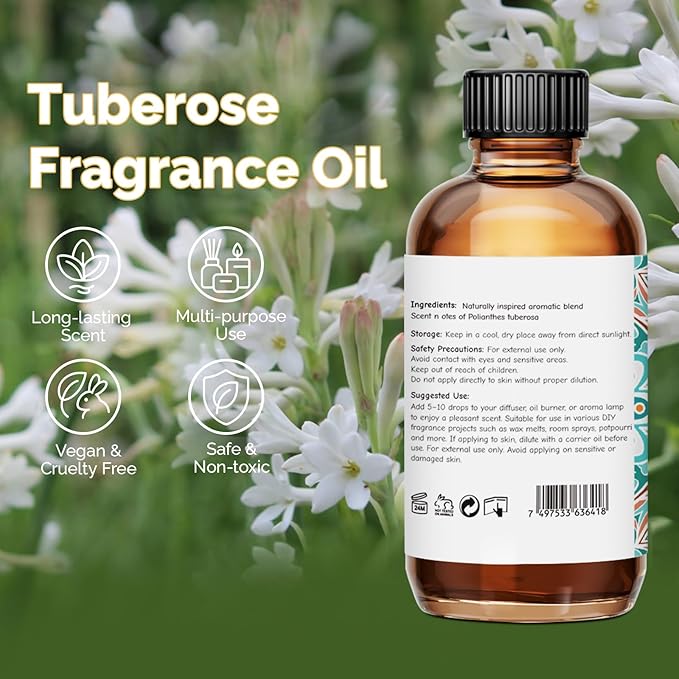 GM Gumili Tuberose Fragrance Oil 2 Oz, Natural Scent Oil for Home Essential Oils Diffuser, Candle Making, Soap Making, DIY Body Oils, Perfume, Body Mist, Spray - Floral Scent