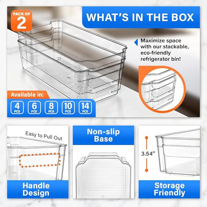 Lifemaster Pantry Organizers and Storage Bins - Stackable Clear Bins for Kitchen and Freezer, Snack Pantry Organizer, Refrigerator Storage Solutions, Multi-Purpose Kitchen Storage Bins - 2 pack
