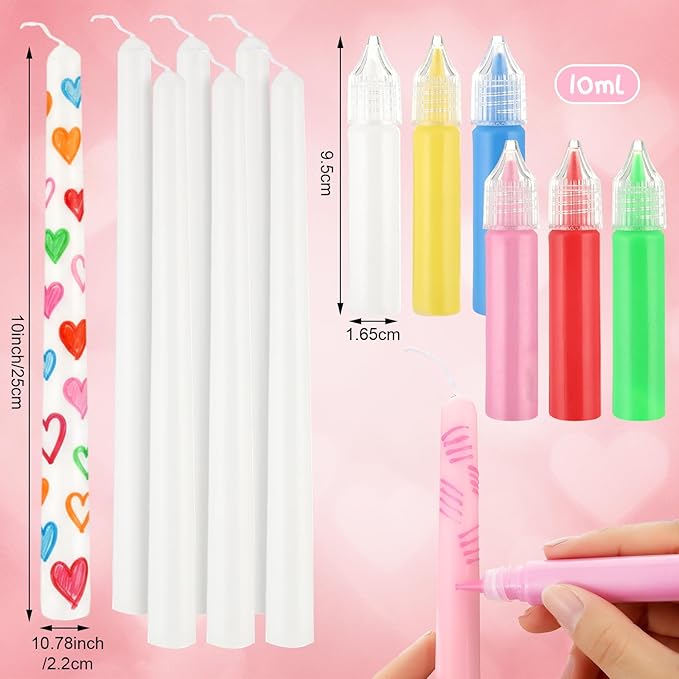 Lounsweer 12 Pcs Galentine DIY Candle Painting Kit Bulk 6 Set Ivory Taper Candles and Wax Pen Valentine's Day Candle Painting Crafts Gifts for Adult Couples DIY Making Crafts Wedding Party Decor