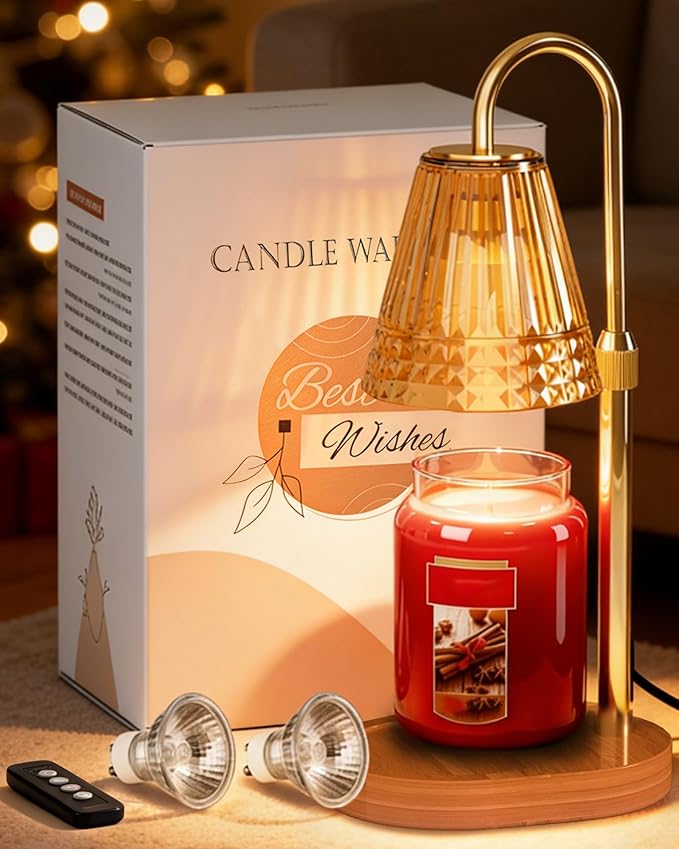TATAANTY Candle Warmer Lamp with Timer, Wood Base Home Decor Candle Warmers, 4 Lights and 3 Timers. Table Lamp Birthday Gift for Women, Suitable for Room, Bedroom, Offices, and Living Rooms