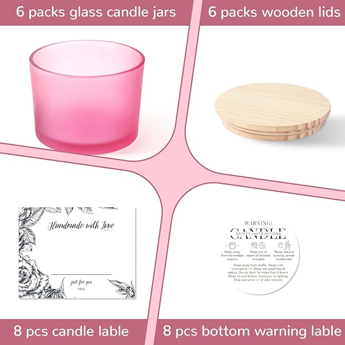 LAMORGIFT 6 Pack Glass Candle Jars with Lids (16oz, Frosted Pink) - Large Candle Jars for 3 Wick Candles Making - Empty Candle Jars Containers - Candle Making Accessories Include 16Pcs Candle Labels