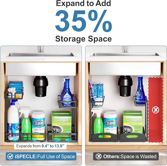 iSPECLE Under Kitchen Sink Organizer, 2 Pack L-Shaped Height Adjustable Pull-Out Cabinet Organizer for Center-Mounted Garbage Disposal & Plumbing, Heavy-Duty Sliding for 30-36 Inch Wide Sink Cabinets