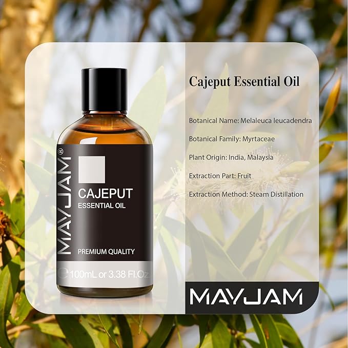 MAYJAM Cajeput Essential Oil, 3.38FL.OZ Pure Essential Oils with Glass Dropper, Large Volume Cajeput Oil, Perfect for Massage, DIY Candle and Soap Making (100ML)