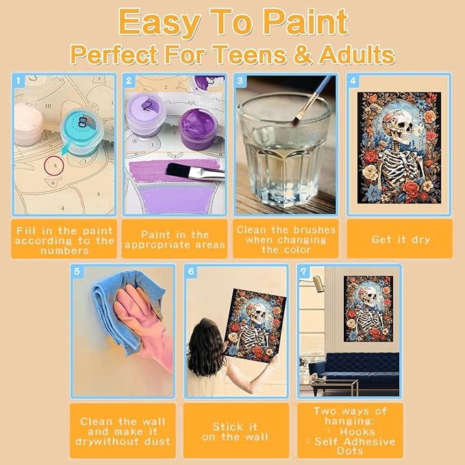 Meothan Paint by Numbers Kits for Adults, Skull Paint by Number for Adults Beginners, Flowers Paint by Numbers Kits on Canvas with Framed and Easel for Home Wall Decor 11.8x15.7inch (30x40cm)