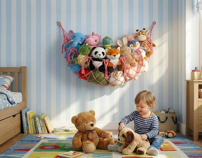 Stuffed Animal Net or Hammock for Flat Wall Mounted Handmade Macrame Toy Display Hanging Plush Toy Net for Stuff Animal Storage(pink large)