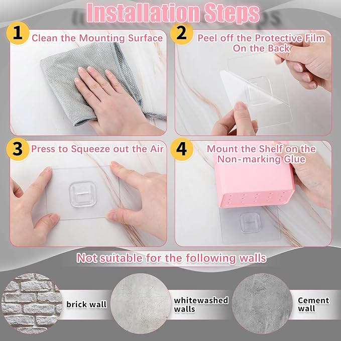 Suclain 2 Pcs Wall Mounted Organizer Non-drilling Adhesive Floating Shelf Wall Bin Organizer Hanging Storage Containers for Bedroom Bathroom Kitchen Office (Pink)