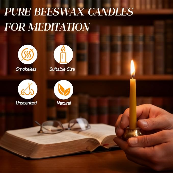 12 Packs Mini Beeswax Taper Candles, 20-30 Minute Meditation Candles with Brass Candle Holders, Dripless Mini Beeswax Prayer Candles Gift for Yoga Relaxation (12)