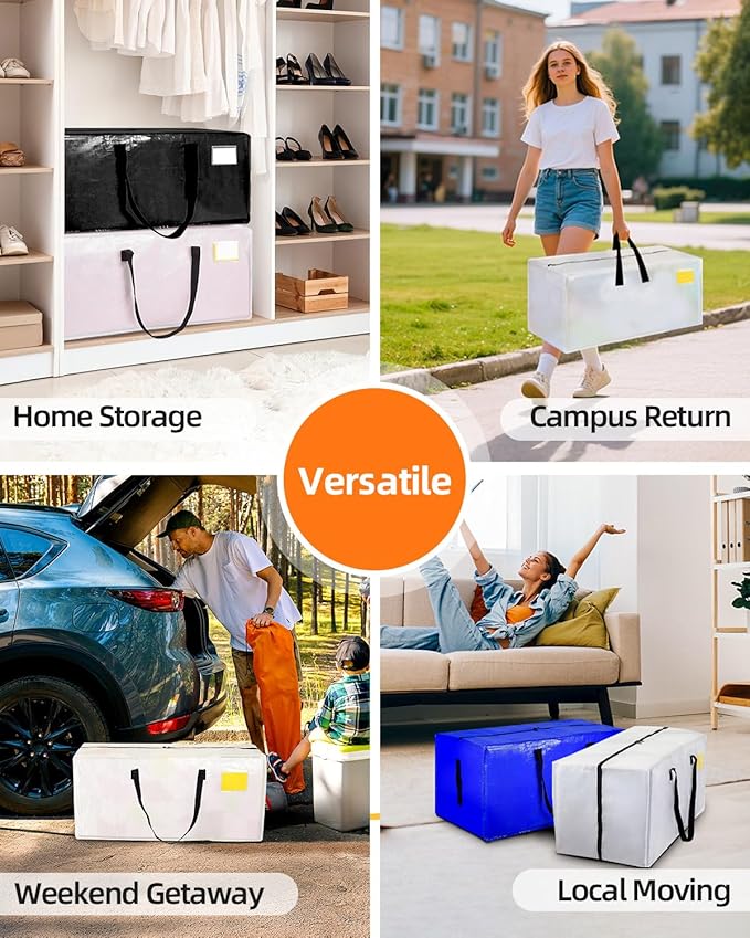 6 Pack Extra Large Moving Bags, Heavy Duty Packing Bags with Zippers and Handles for Space Saving, Clothes Storage, College Essentials, Travel, Clear
