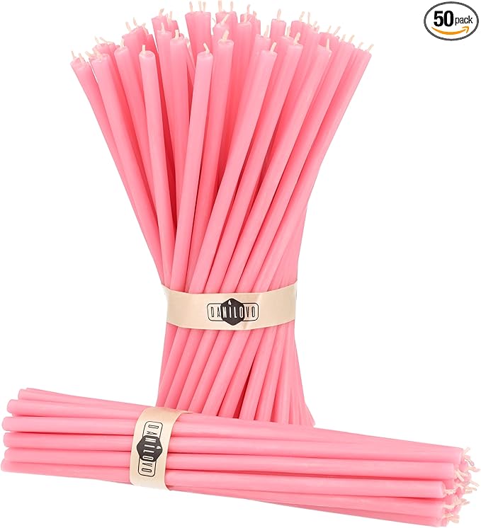 Danilovo Thin Taper Beeswax Candles - Honey-Scented, Decorative Candles Ideal for Birthday Decoration or Church Prayers - Pink Drip Free, Tall & Smokeless Pack of 50 pcs, 7.3 x 0.24 inch