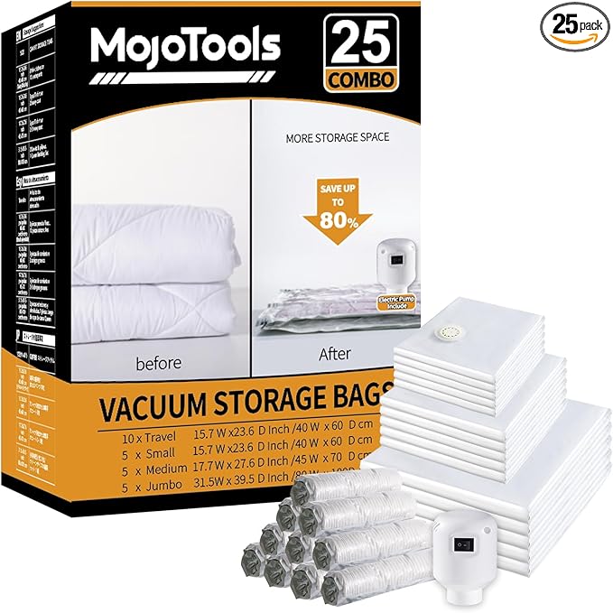 Vacuum Storage Bags with Electric Air Pump, 25 Pack (5 Jumbo, 5 Large, 5 Medium,10 Roll Up Bags) Space Saver Bag, Vacuum Sealer Bags for Clothes, Blanket, Duvets, Pillows, Comforters, Travel
