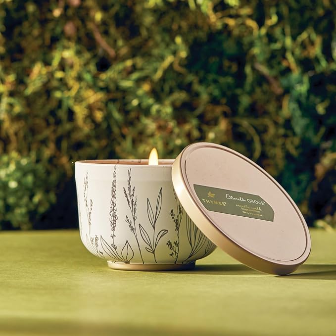 Thymes Scented Candles for Women & Men – Tin with Lid – Luxury Home Decor – Citronella Candles with Notes of Olive Leaf, Lemongrass, & Gardenia – Outdoor Decor (Citronella Grove, 6.5 oz)