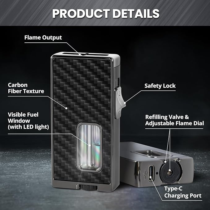 CHOICEDC Cool Lighters for Men, Refillable Soft Flame Butane Lighter, Vintage Lighters with Unique Shake Ignition, Visible Gas Tank, Adjustable Wide Flat Flame Lighter, Gifts for Men Women, No Fuel
