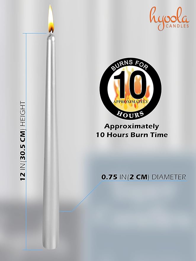 Hyoola 12 Pack Tall Metallic Taper Candles - 12 Inch Silver Metallic, Dripless, Unscented Dinner Candle - Paraffin Wax with Cotton Wicks