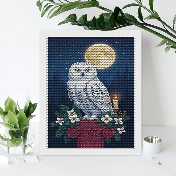 KIVJMSIDJA Snowy Owl & Candle Glow - Winter Night Scene Diamond Painting Kits for Adults,Diamond Art Kits for Beginners 5D Round Diamond 16"x20"