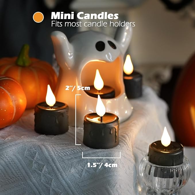 FPOO Halloween Black Tea Light Candles, 12 Packs Rechargeable LED Tea Lights, Small Pumpkins Lights Flameless Fake Candles, Electric Candle Halloween décor (Build in Timer)
