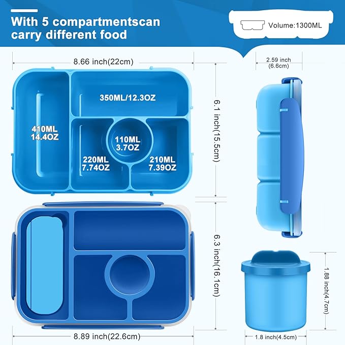 Lunch Box Kids,Bento Box Adult,Lunch Containers for Adults/Kids/Toddler,5 Compartments Bento Lunch Box with Sauce Vontainers,Microwave & Dishwasher & Freezer Safe,BPA Free(Blue)