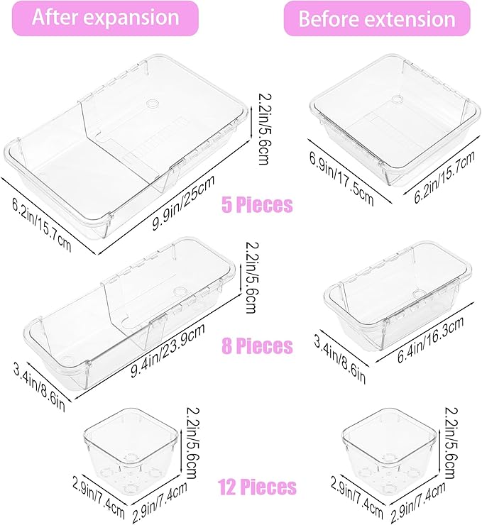 25pcs vanity Drawer organizers clear drawers organizer set vanity Drawer Storage Box expandable clear Plastic Drawe Organizer Bins Adjustable 3-Size bathroom makeup drawers organizers tray