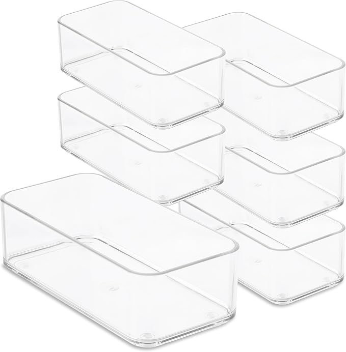 primebox Plastic Clear Drawer Organizers. Bathroom, Kitchen, Bedroom, Jewelry, Office Organizer Bins, Storage Trays. Heavy Duty, Stackable. 9" x 3" x 2" Set of 6