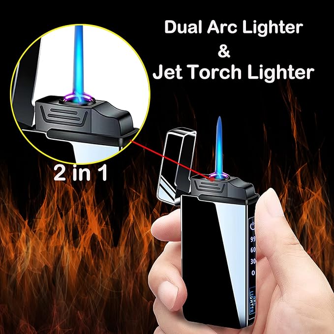 Arc Electric and Refillable Butane Jet Flame Torch Lighter 2 in 1, USB Rechargeable with LED Lighting Windproof for Fire, BBQs, Fireworks, Candle, Camping, Outdoor (Black Ice)