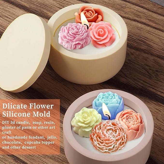 Silicone Flower Molds Set, 3D Rose Peony Succulent Design, 7-Cavity Resin Casting Molds for Candle Making, Soap, Wax Melts, Epoxy Crafts, Cake Decoration