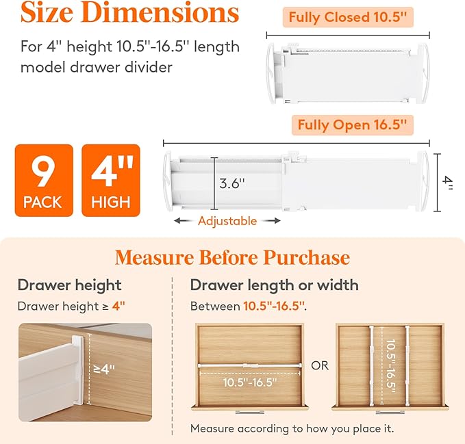 Lifewit 4" Tall 9 Pack Drawer Dividers, 27-42cm/10.5-16.5" Expandable Drawer Divider for Clothes, Adjustable Dresser Drawer Organizers, Drawers Separators for Dresser/Bathroom/Closet/Kitchen White