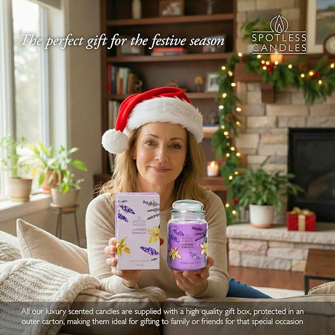 Vanilla & Lavender Candle 22oz Glass Jar with Wooden Wick in a Decorated Jar Within a Presentation Gift Box and Protective Shipping Box