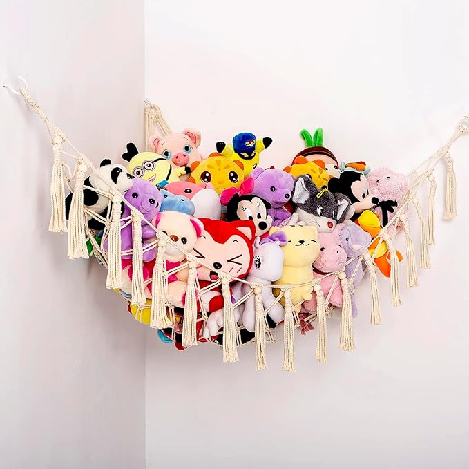 YKBU Stuffed Animals Hammock Corner Hanging Net with Wooden Beads Macrame Stuffed Animal Storage Ideas Plush Holder Toy Organizer for Boho Nursery Playroom Bedroom Kids Room Decor (cream, X-Large)