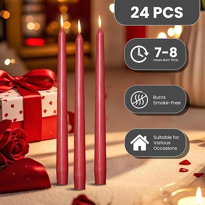 OSHINE 10 Inch Red Taper Candles - 24 Pack Long Taper Candle Dripless Unscented Smokeless & Emergency 7-8 Hours Long Burning Tall Candlesticks Ideal for Dinner Parties, Valentine, Weddings, Kwanzaa