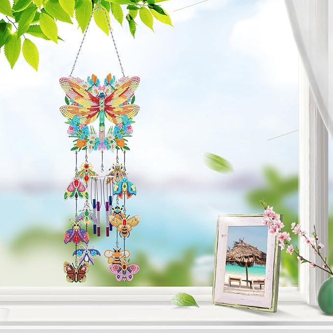 Dragonfly Diamond Art Painting Wind Chimes DIY Kits Bee 5D Diamond Art Wind Chime Hanging Ornament Set Double Sided Special Shaped Beads by Number Mosaic Wind Chime Pendant for Yard Tree Home Decor
