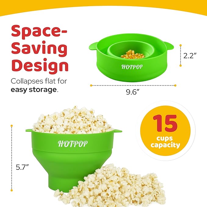 The Original Hotpop Microwave Popcorn Popper, Silicone Popcorn Maker, Collapsible Bowl BPA-Free and Dishwasher Safe- 20 Colors Available (Green)
