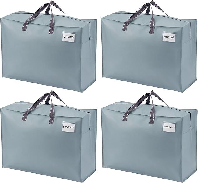 VENO 4 Pack Heavy Duty Moving Bags, Storage Bags, Packing Supplies, Top Zipper, Storage Totes for Camping, Clothes, Bedding, Comforters, Pillows (27 Gallon Light Blue, 4 Pack)