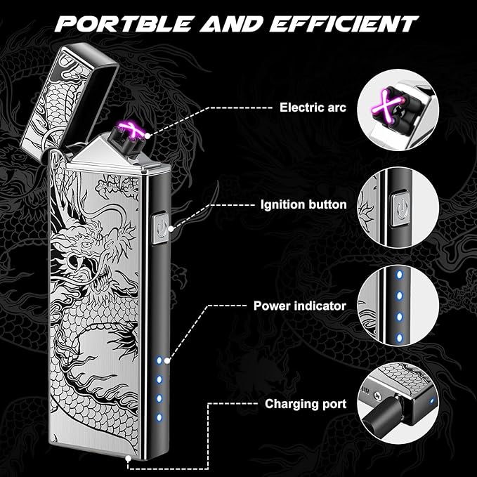 LcFun Electric Lighter USB Rechargeable Windproof Plasma Dual Arc Lighter, Flameless Cool Dragon Pocket Lighters for Camping, Small Valentines Birthday Gifts for Men Husband Father (Black Dragon)