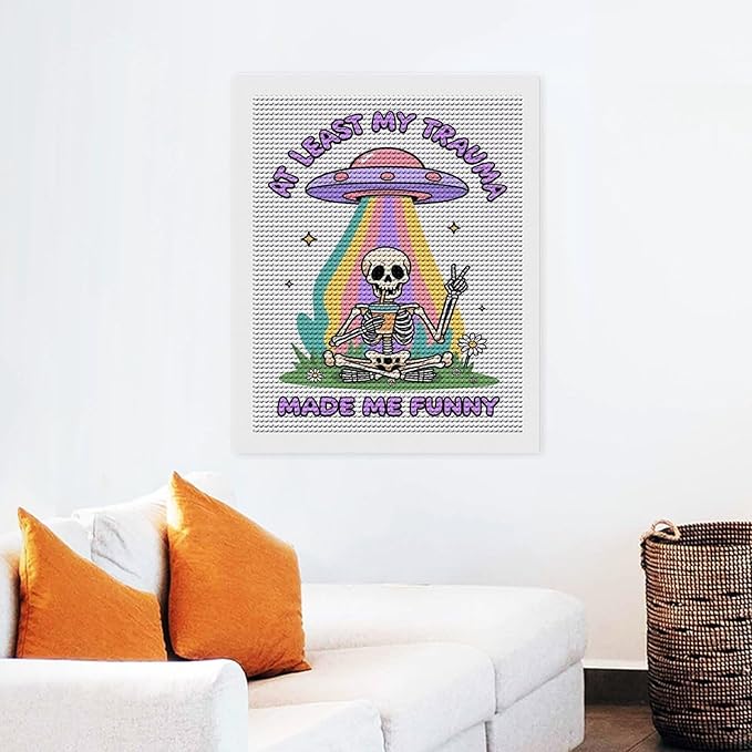 KIVJMSIDJA Diamond Art Kits for Adults Skull Skeleton “At Least My Trauma Made Me Funny” DIY Round Diamond Art for Home Wall Decor & Crafts Gifts 16"x20"