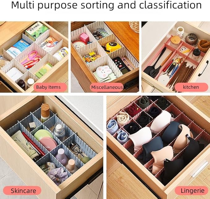 8 Pack Drawer Dividers, Adjustable Plastic Grid Separators for Socks, Underwear, Makeup, Cut-to-Fit DIY Drawer Organizer for Kitchen, Bedroom, Office, White + Pink