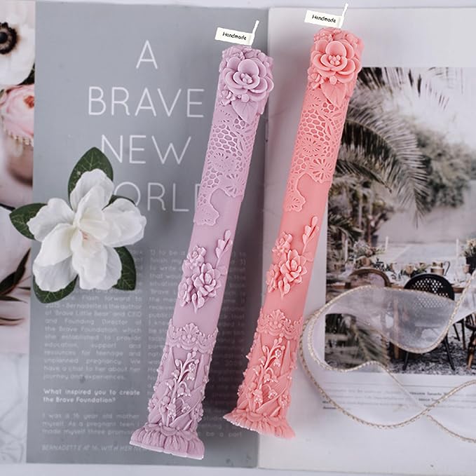 Vintage Long Pillar Candle Mold, Intricate Floral Design Silicone Mold for DIY Candle Making Plaster Polymer Clay Home Decoration