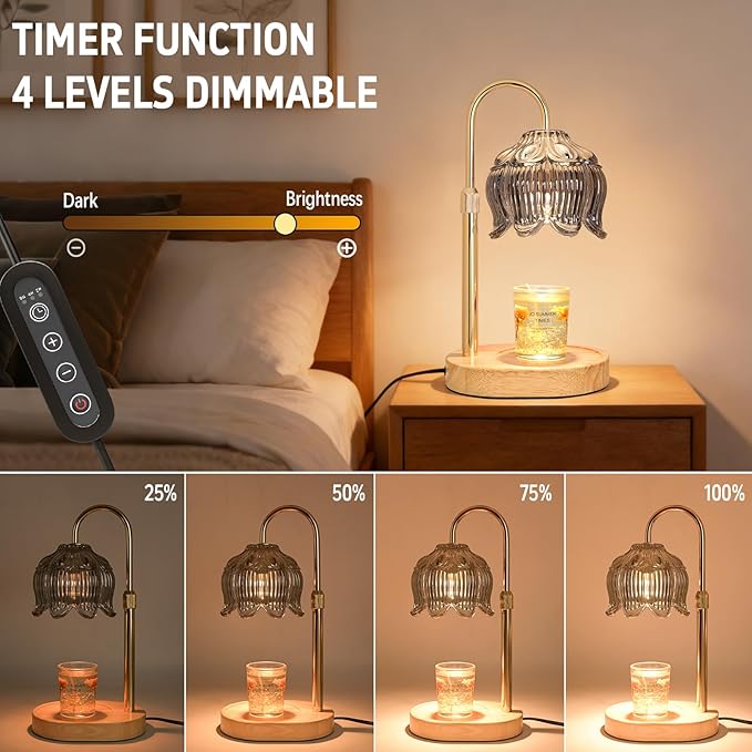 Flower Candle Warmer Lamp for Jar Candles with Timer & Dimmer, Adjustable Height Fits Large Jars up to 7.08" Tall, Flameless Wax Warmer, Cozy Bedroom Home Decor, Gift for Mom Women,Silver Gray