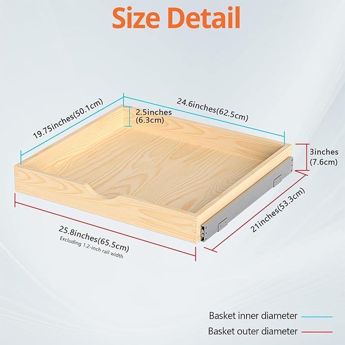 ZOINLIY 27''W X 21''D X 3''H Wooden Pull Out Drawer for Cabinet, Cabinet Organizer for Kitchen, Soft Close Slide Out Shelves, Heavy Duty, Fully Expandable