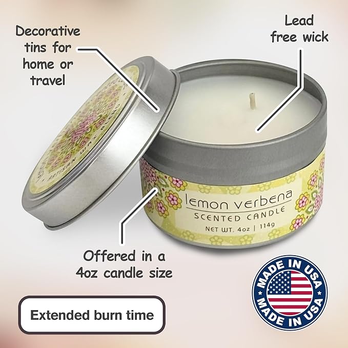 Greenwich Bay Hand-Poured Scented Candle in Decorative Tin – 4 oz/114 g Travel Candle with Lead-Free Wick, Vegetable Wax, Long-Burning Aromatherapy Gift, Single Wick – Made in USA (Lemon Verbena)