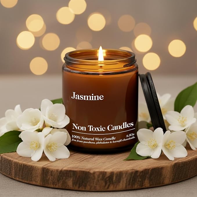 Hand Poured Non Toxic Candles - Jasmine Fall Candles with Premium Natural Wax - Aromatherapy Scented Candles with Sandalwood, Lemon & Ylang Ylang Notes - 8.5 Oz, 45 Hrs Burn Time