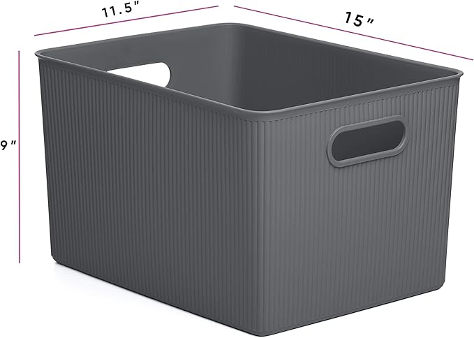 Superio Ribbed Collection - Decorative Plastic Basket Open Home Storage Bins Organizer, X-Large Grey (6 Pack) Container Boxes for Organizing Closet Storage Bins for Shelves 22 Liter/23 Quart