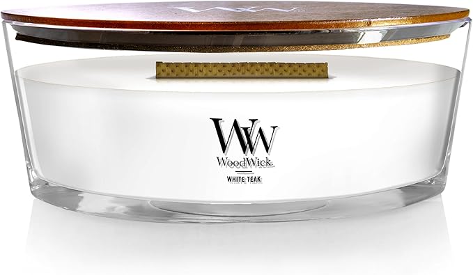 WoodWick White Teak Gifts for Women and Men, 16 oz Ellipse Candle with Crackling Wick
