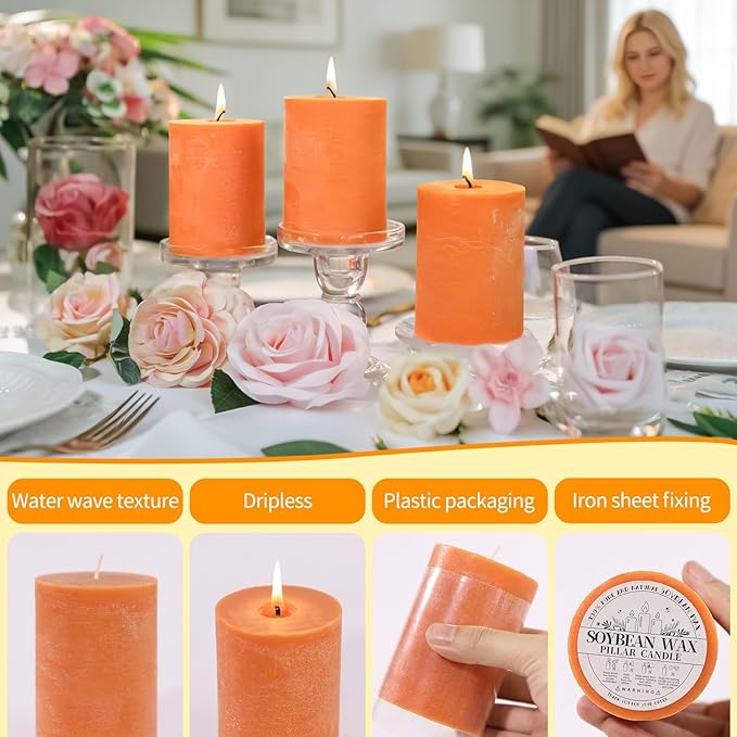 6 Pack Soy Pillar Candles,Natural Soybean Pillar Candles,330 H Long Lasting Burning-Unscented,Dripless and Smokeless Rustic Burnt Orange Hand-Poured Candles Dinner Table,for Wedding,Home 2.8x4in