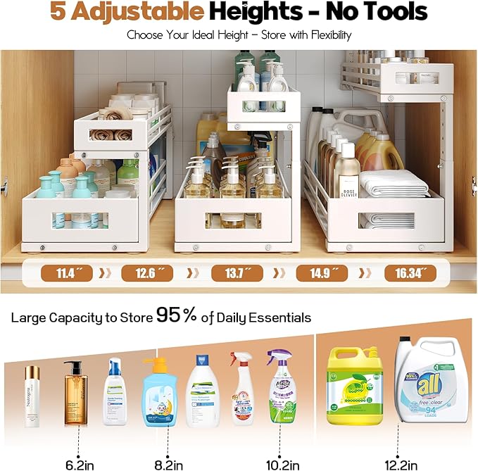 2-Pack 20.47"Deep Under Sink Organizer And Storage,2-Tier L-Shaped Pull Out Cabinet Organizer with Upgraded Slide Rails,Height Adjustable Drawers for Kitchen&Bathroom,Extra-Large Storage Shelves–White