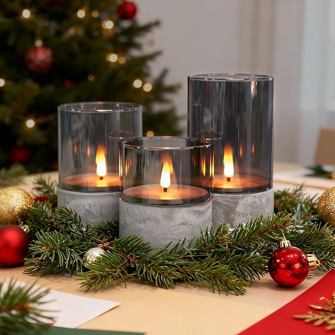 Rechargeable Marble Flameless Candles, Gray Glass LED Pillar Candle with Remote & Timer,Decorative Candles for Living Room, Bedroom, Holiday Décor & Gifts for Women,Set of 3