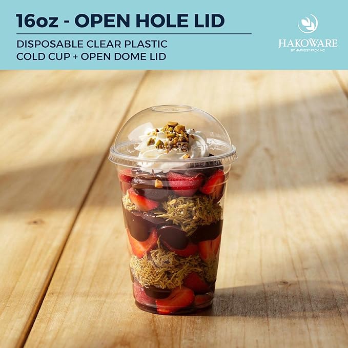 [200 SET]HAKOWARE 16oz Ultra Clear Disposable Plastic Cold Cups with Open Hole Dome Lids, PET Party Drinking Cups, Iced Coffee Smoothie Cold everage, Dubai Chocolate Strawberry Cups